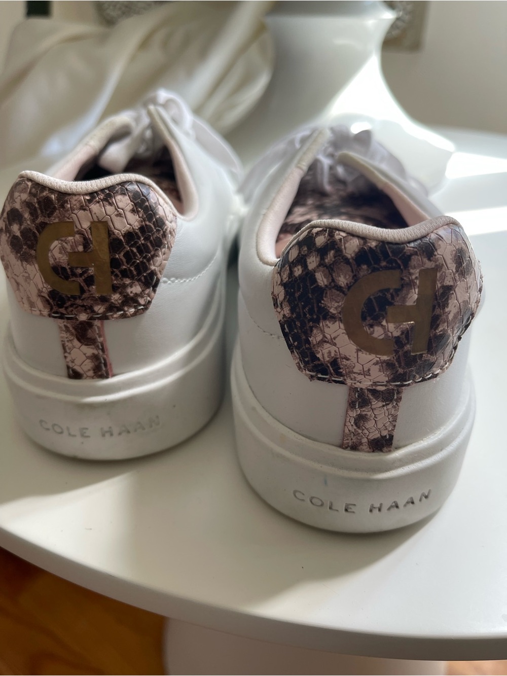 Women Cole Haan White Sneakers with Pink Snake-Print Heel